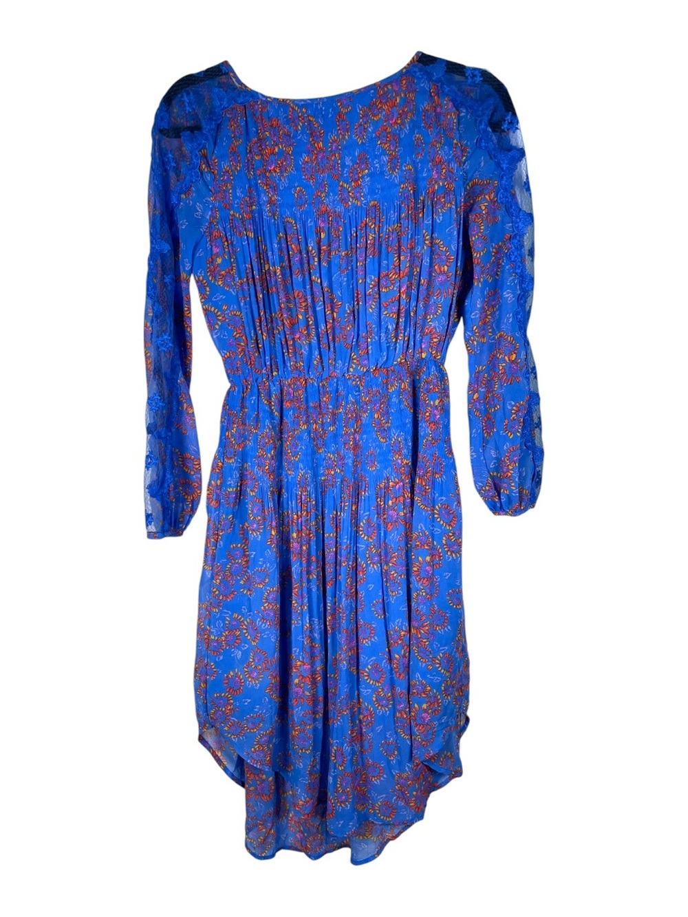 Free People Cobalt Blue Floral Long Sleeve Pleated Midi Dress